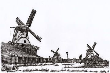 Tekening Zaanse Schans Molens Holland van Hendrik-Jan Kornelis