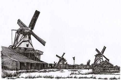 Tekening Zaanse Schans Molens Holland