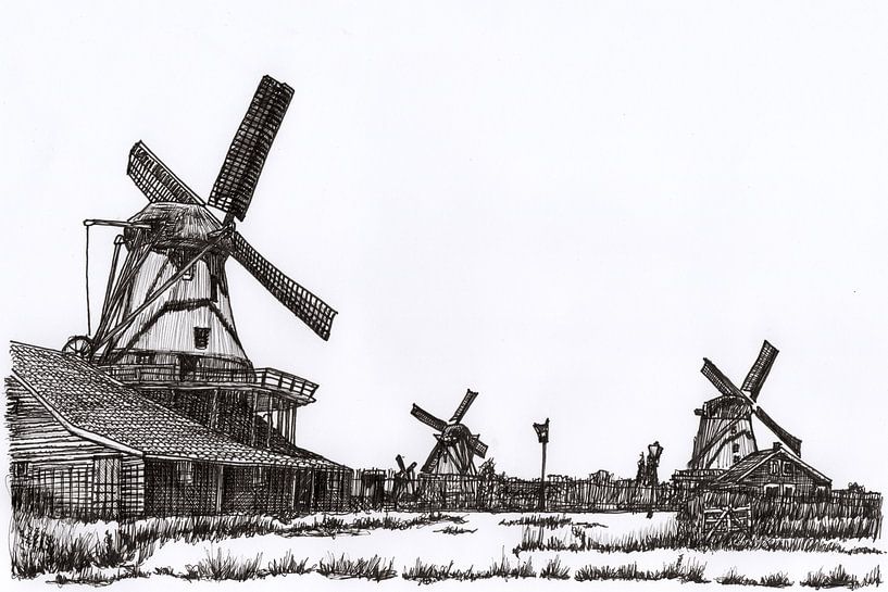 Zeichnung Zaanse Schans Mills Holland von Hendrik-Jan Kornelis