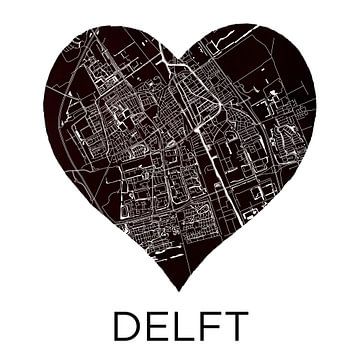 Liefde voor Delft  |  Stadskaart in een zwarte hart van Wereldkaarten.Shop