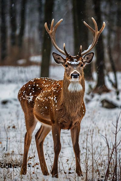 Deer in a snowy forest landscape by Art & Soul Creations