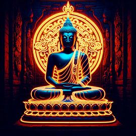 Boeddha in gouden neon kleuren.