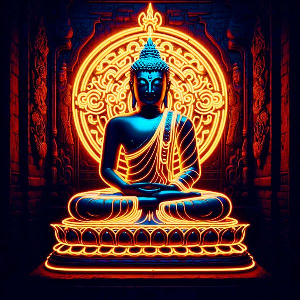 Buddha in golden neon colours. by Ineke de Rijk