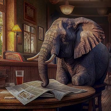 Eléphant dans un bar lisant le journal Illustration sur Animaflora PicsStock