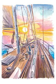 Sailing yacht with bow deck facing the flames of the setting sun by Markus Bleichner