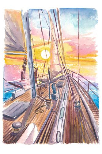 Sailing yacht with bow deck facing the flames of the setting sun