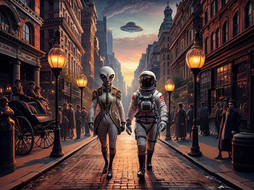 Alien with astronaut - Traveller in time
