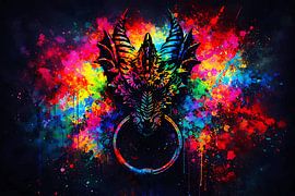 Mystischer Drachen-Türklopfer im Neon-Splash-Stil – Abstraktes Fantasy-Wandbild mit Farbexplosion von ButterflyPix