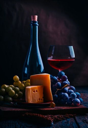 Stilleven met wijn en kaas op een rustieke houten tafel. 