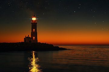 Phare solitaire de nuit à la lumière éclatante sur Felix Brönnimann