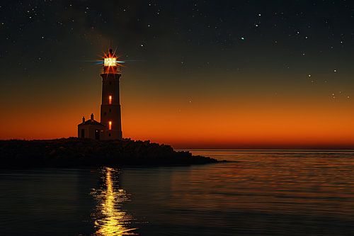 Eenzame vuurtoren bij nacht met stralend licht