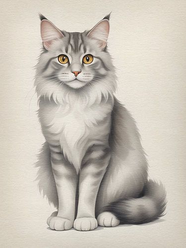 Grijze Maine Coon – Elegant Kattenportret op Papier | Mystieke Kattenkunst