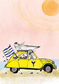 Zeeland girl in Yellow vintage car by Debbie van Eck