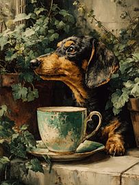 Dackel mit Teetasse im Garten von Erika Kaisersot