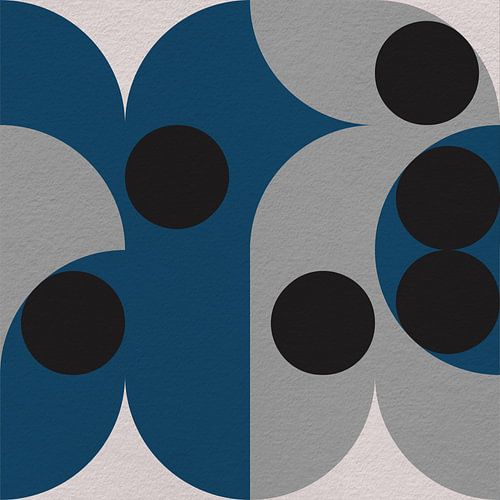 Art moderne abstrait minimaliste avec des formes géométriques en bleu, noir et gris.