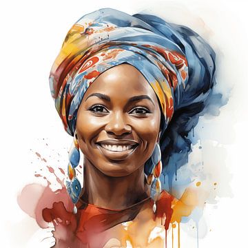 Portrait of an African woman with smiling watercolour art design and colourful headscarf on a white background by Animaflora PicsStock