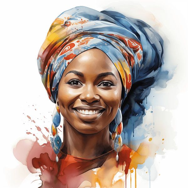 Portrait d'une femme africaine souriante à l'aquarelle avec un foulard coloré sur fond blanc par Animaflora PicsStock