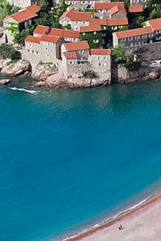 old houses with a bright blue sea and a deserted sandy beach with one person. perfect vacation. Svet by Michael Semenov
