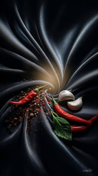 rote Paprika - Knoblauch - Limette - Zitrone auf schwarzem Hintergrund mit dramatischem Licht von Gelissen Artworks