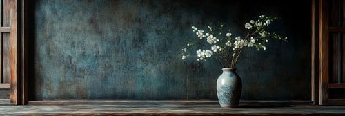 Stilleben blühende weiße Zweige in blauer Vase Panorama von Digitale Schilderijen
