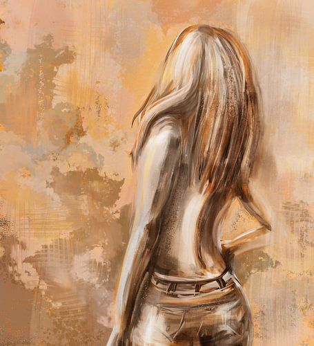 Vrouw met blote rug - kunstwerk in warm oranje greige en goud bruin tint