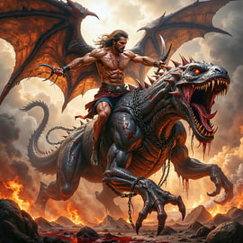 Dark Fantasy Wandbild: KAELVORAN - Der Dämonenjäger reitet auf seinem riesigen Monster von INFERAURUM - Dark Fantasy Wall Art