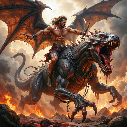 Dark Fantasy Wandbild: KAELVORAN - Der Dämonenjäger reitet auf seinem riesigen Monster