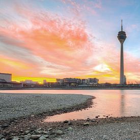 Skyline van Düsseldorf bij zonsopgang Panorama van Michael Valjak