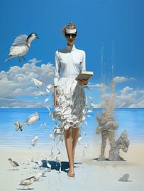 beach woman white clothes surreal landscape bizarre animals