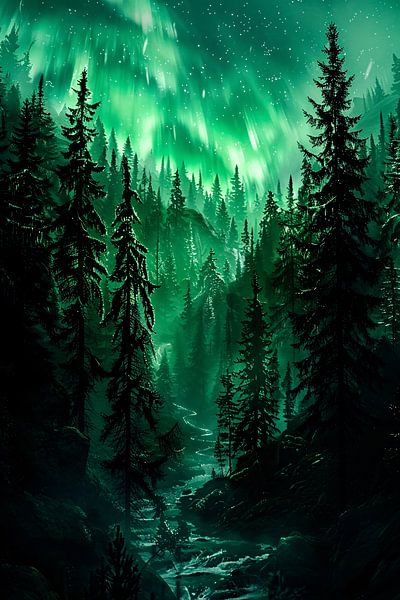 Forêt magique avec aurores boréales par Art & Soul Creations