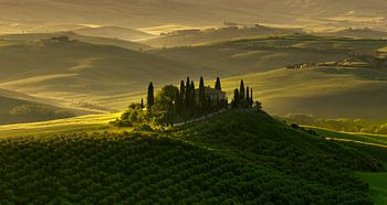 Hügel der Toscana im Val de Orcia Podere Belvedere zum Sonnenuntergang