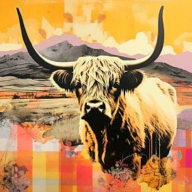 Scottish highlander graphic cow portrait in landscape