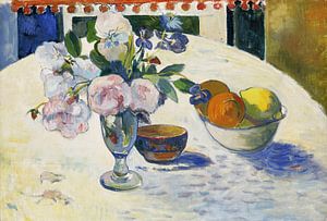 Paul Gauguin. Des fleurs et un bol de fruits sur une table