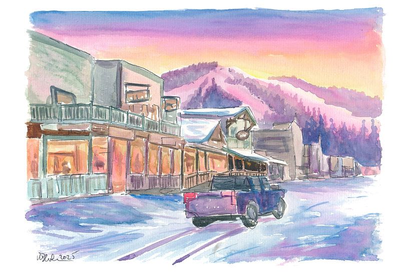 Winter sunset on the snowy main street of Jackson, Wyoming by Markus Bleichner