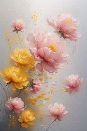 Moderne Wanddekoration mit Pfingstrosenmotiv – Poster mit romantischen rosa und gelben Blumen – Sanfter, ästhetischer botanischer Aquarelldruck für die Wohnraumgestaltung von VICTOR S