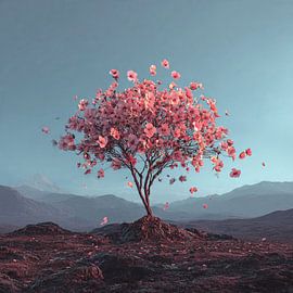 Ein surrealer rosa Kirschbaum in der Landschaft der Rocky Mountains