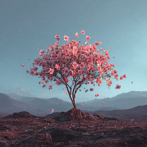 Een surrealistische roze kersenbloesemboom in een landschap van de Rocky Mountains