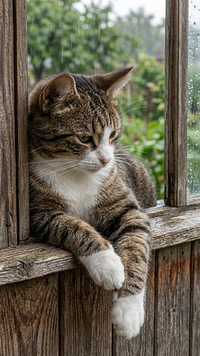 Eine getigerte Katze am regnerischen Fenster
