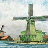 Windmühlen an der Zaanse Schans | Aquarellmalerei von WatercolorWall