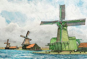 Molens op de Zaanse Schans | Aquarel schilderij