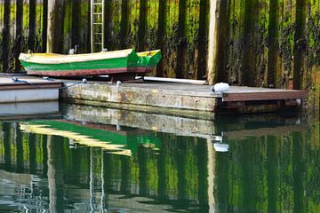Groene boot tegen een roestige waterkant vol algen van Nicolette Vermeulen