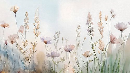 Japandi Art. Sereen en Neutraal. Wilde bloemen langs de weg.