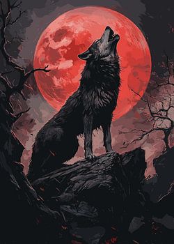 Wolf unter blutrotem Mond auf Felsen
