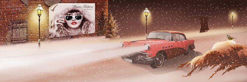 Wintertijd in retro stijl met vintage auto. van Monika Jüngling