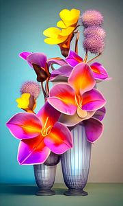 Stillleben mit Blumen I - zwei Vasen mit bunten Blumen von Lily van Riemsdijk - Art Prints with Color
