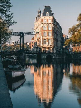 Aluminium bridge over Amsterdam canal, Netherlands.