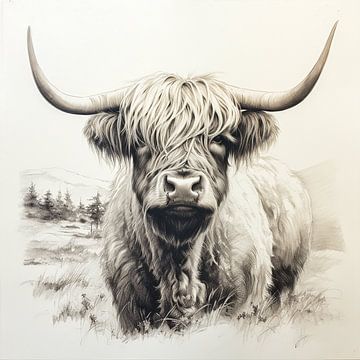 Schotse Hooglander als pen tekening van Jellie van Althuis