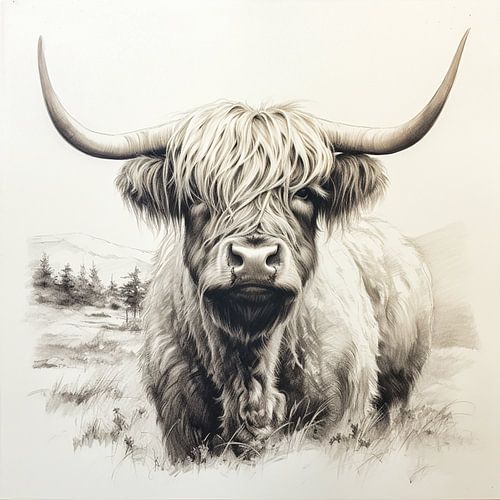 Schotse Hooglander als pen tekening
