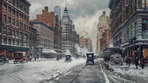 Painting of snowy street in New York city in early 20th century (KI)