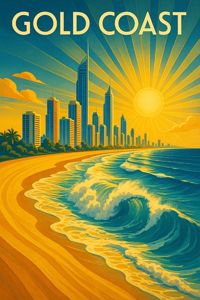 Sunrise Over the Gold Coast – Vintage Beach &amp; Waves Poster by Travel Shop